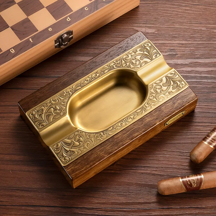 Personalized Cigar Ashtrays Hotel Bar Office Wooden and Metal Cigar Ashtray Custom Logo Luxury Cigar Ashtray