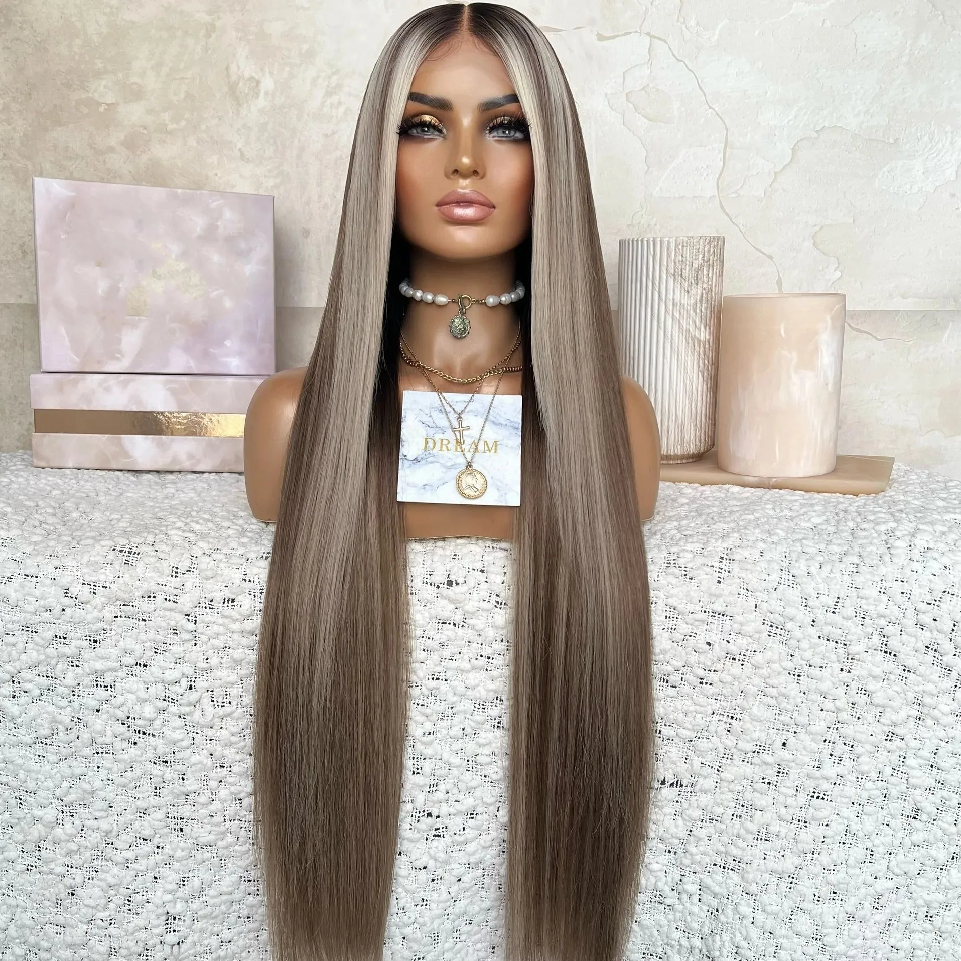 Ash brown lace front wig 28\'\' straight Amazon.com : Highlights Brown Lace Front Wigs Human Hair  main image 4