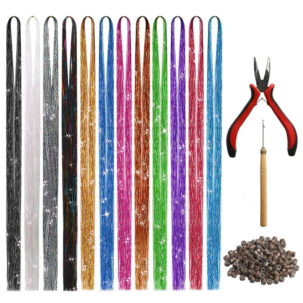 Hair Tinsel Kit, Glitter Extensions Fairy Tinsle 3000 Strands 15 Color  47Inch