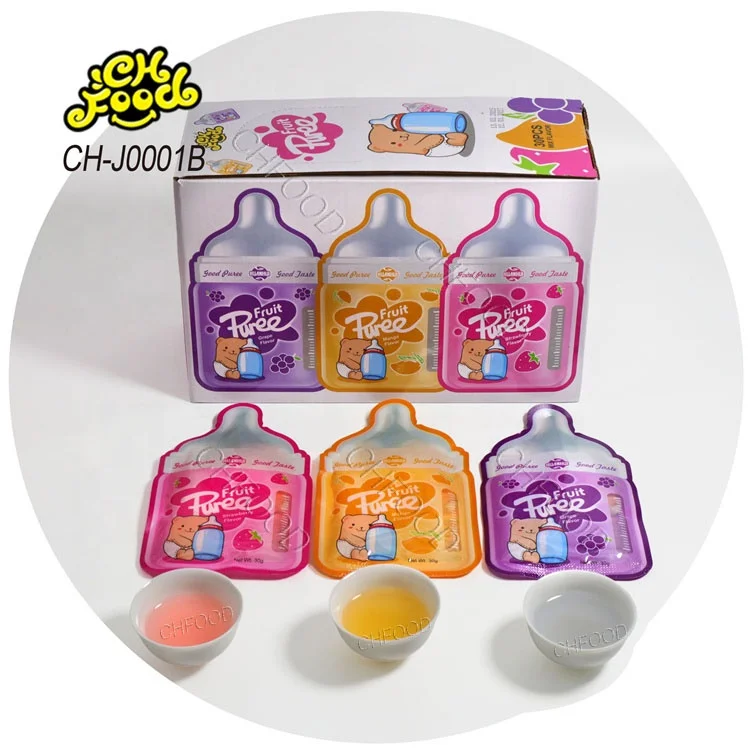 Low MOQ Wholesale Mix Fruit Flavor Puree Jelly Jam Liquid Candy Sweet Kids Sweets Snack OEM China Candy Halal Drink Candy