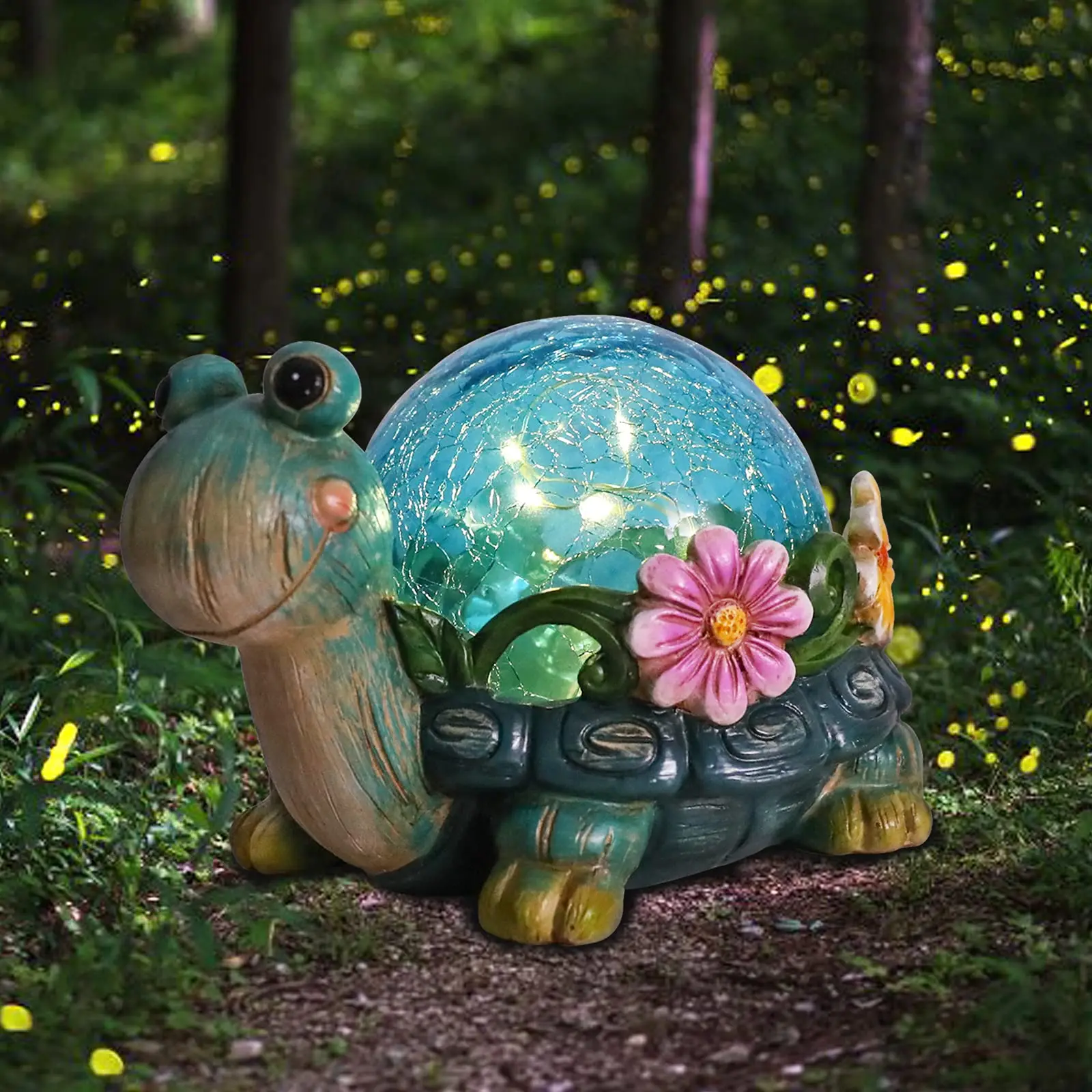 Solar  Statues Outdoor Figurines, Turtle with Solar Lights Cracked Glass Outdoor for Patio Yard Peacock Green