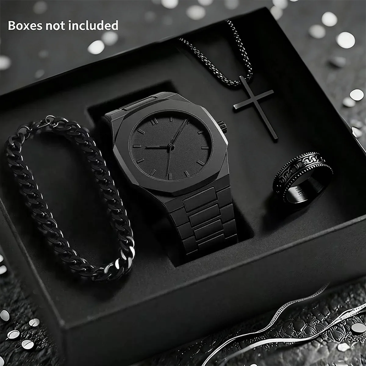 CS008 Gift Set Four Piece Black Rings Bracelets Necklaces Muslim Quartz Watches Without aperçu 7