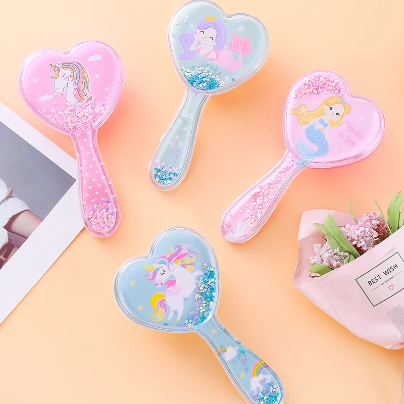 Hot Selling Compact Heart Shape Transparent Blue Unicorn Pattern Hairbrush Cute Cartoon Pink Mermaid Pattern Hairbrush for Girls