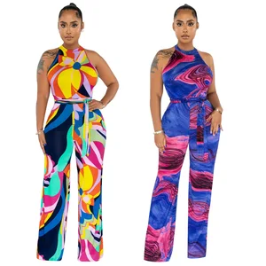 2025 New Arrival Women Sexy Halter Sleeveless Print Straight Leg Jumpsuit Ladies One Piece Jumpsuits