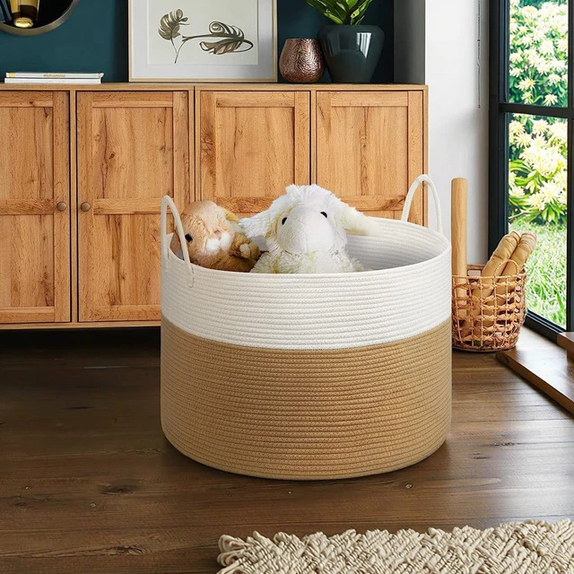 Large Modern Round Cotton Rope Woven Basket with Easy Carrying Handle for Baby's Laundry Toys Quilts Cushions Storage