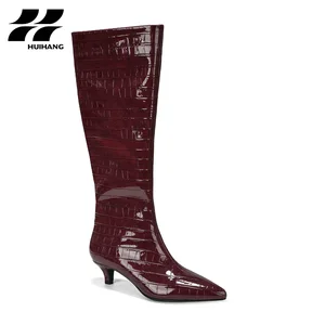 Graceful Women's for Crocodile Print Knee-High Boots with 4cm Comfortable Heels Zip Closure Pointed Toe Fashionable Winter Wear