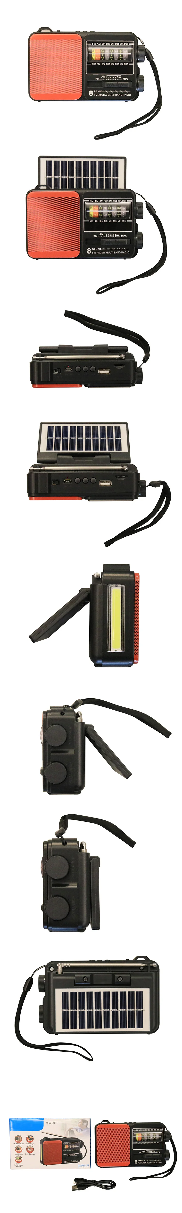 Panel solar de fabricación de SG-321BTS, radio de banda múltiple con linterna de tarjeta tf, luz, batería de recarga de litio