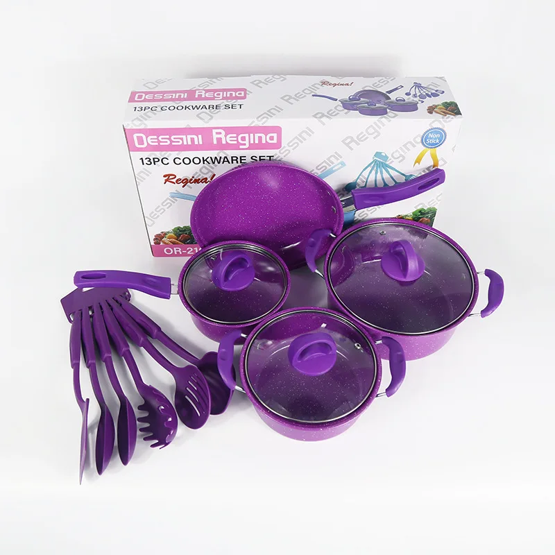 13 pieces iron material purple cookware