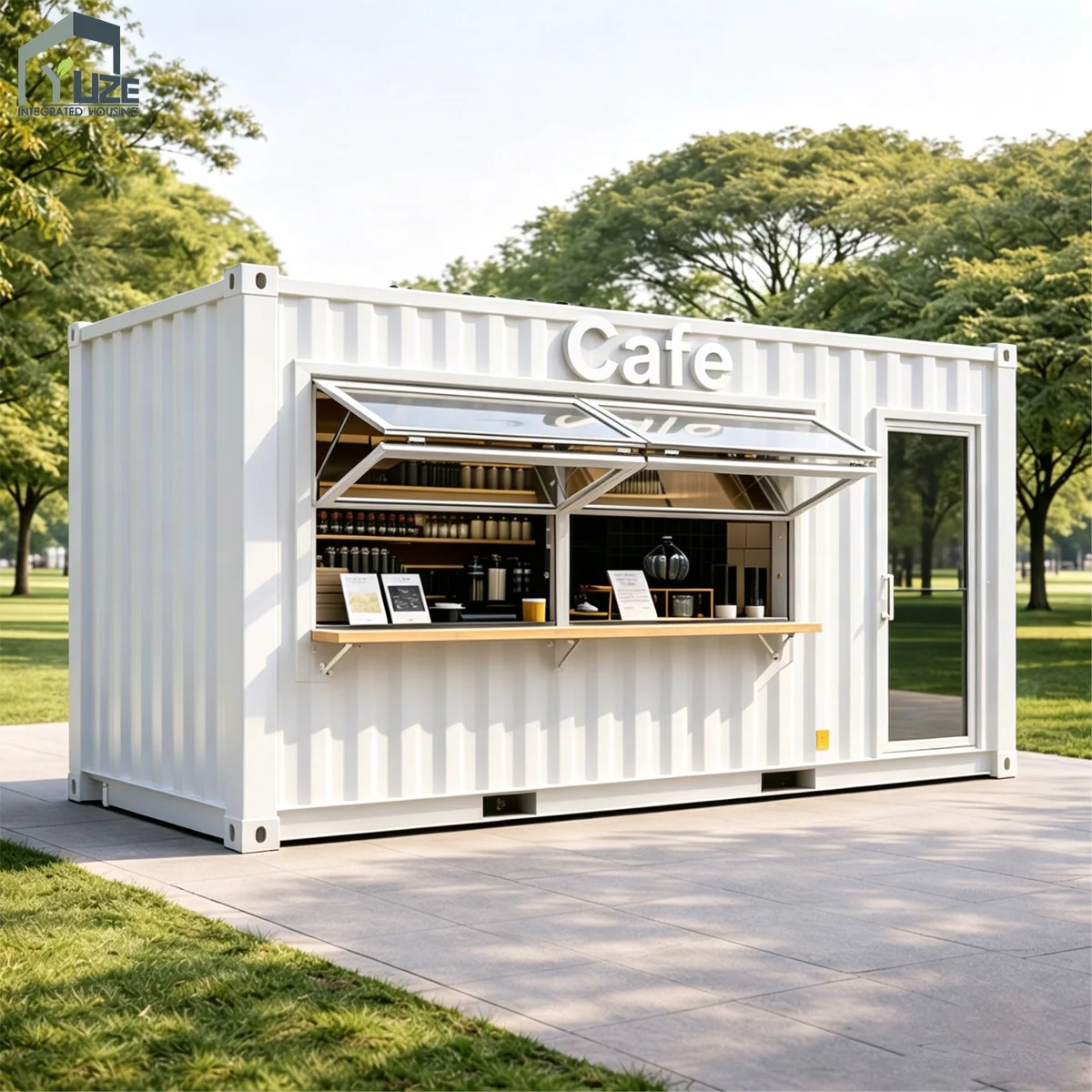 Modern design mobil 20 fot prefabrikering av affärsbyggnad, modulär fraktcontainer för pop-up-butik med vikfönster