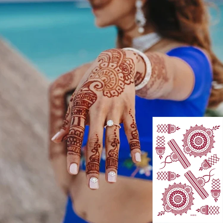 Free Samples Full Hand Red Black White Henna Temporary Tattoo Stickers