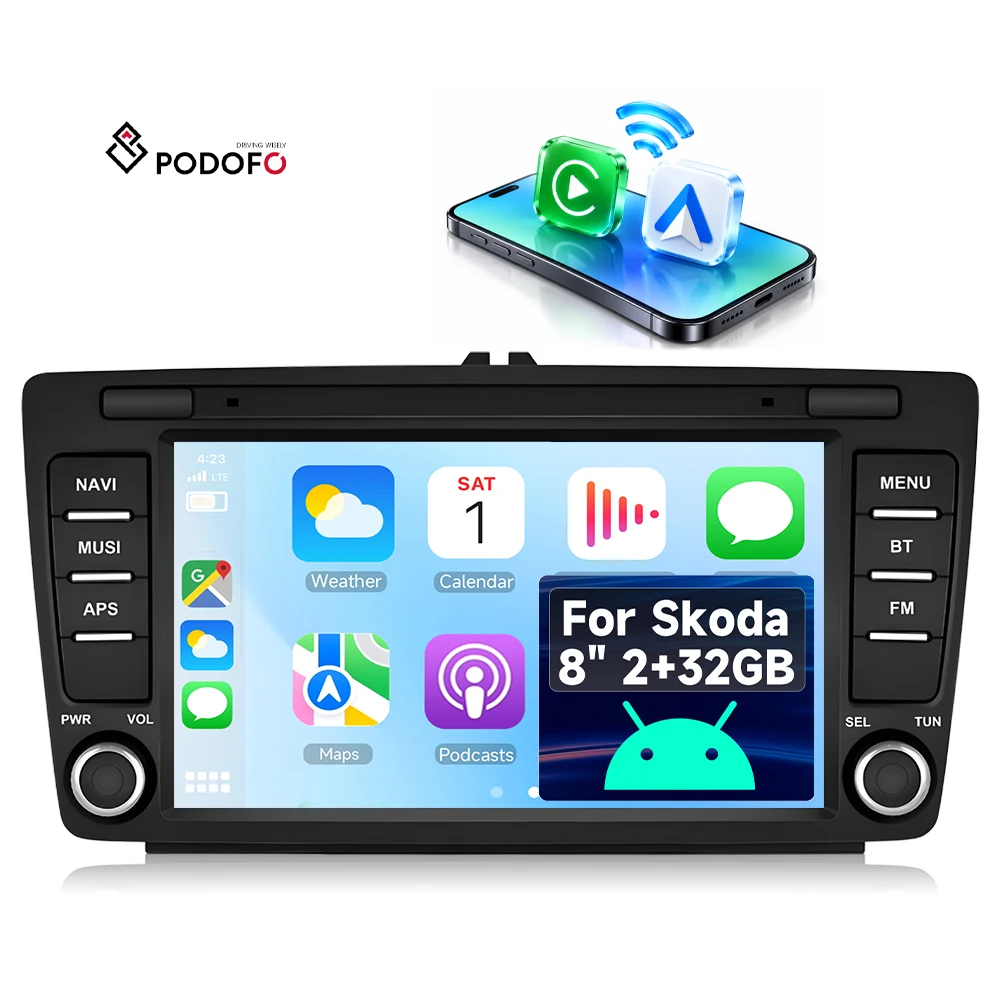 Podofo 8'' Android 2+32G Autoradio Car Radio Wireless Carplay & Android Auto Stereo for Skoda Octavia/Yeti/Rapid/Superb/Roomster A4780
