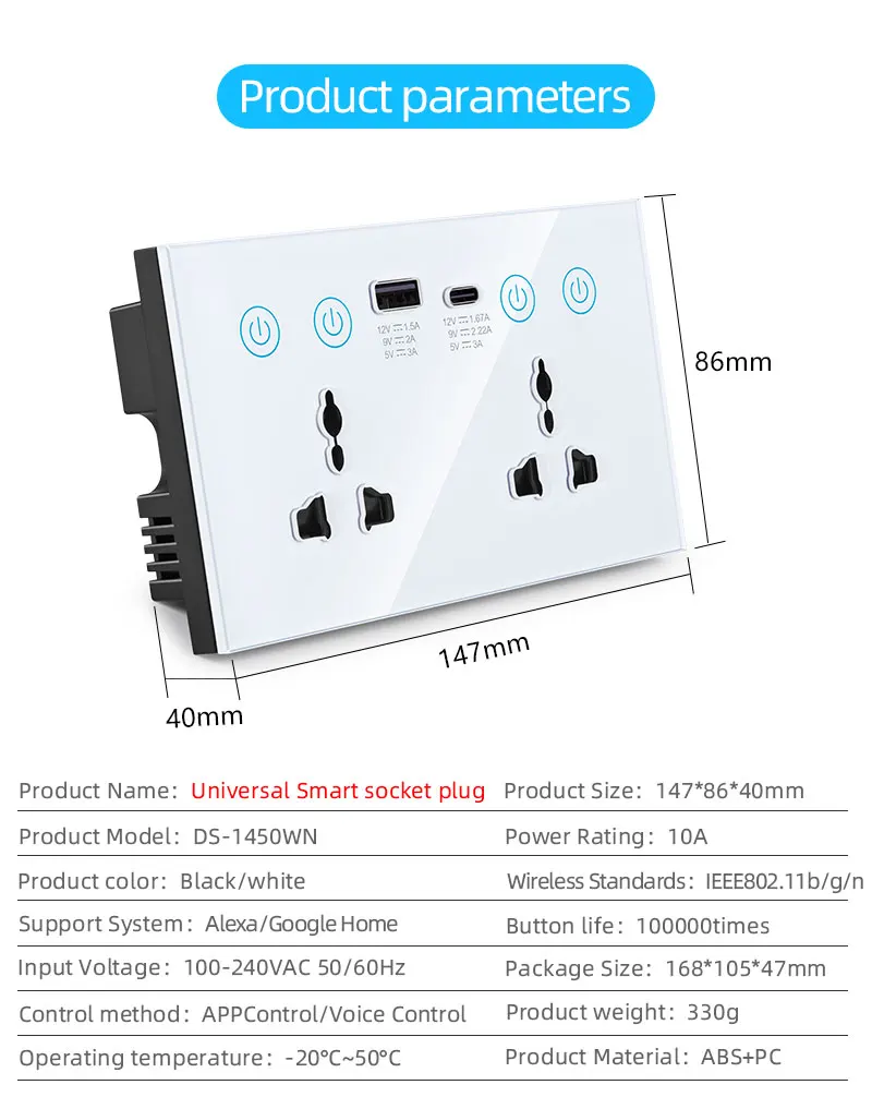 Tuya Wifi Smart Socket With USB Type-C Interfaces 147 Universal Electrical Power Socket 20A Dual Socket