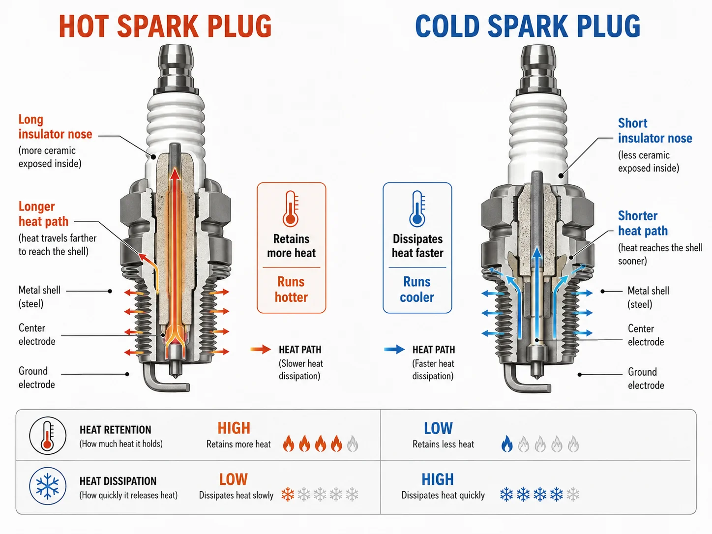 Spark plug heat range hot vs cold comparison diagram for B2B buyers