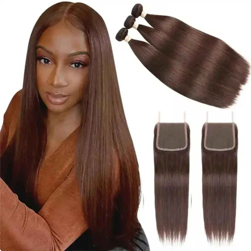 Dark Brown Peruvian Straight Human Hair Weave 3 Bundles with 4x4 Closure and Light Brown Hair Bundles with Closure_voghion.com