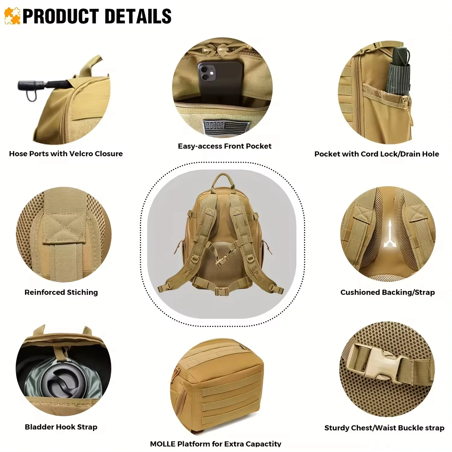 45L Large Capacity Tactical Backpack Molle System PVC/Nylon/Polyester Lining Zipper for Outdoor Hiking Camping 3-Day EDC Assaul