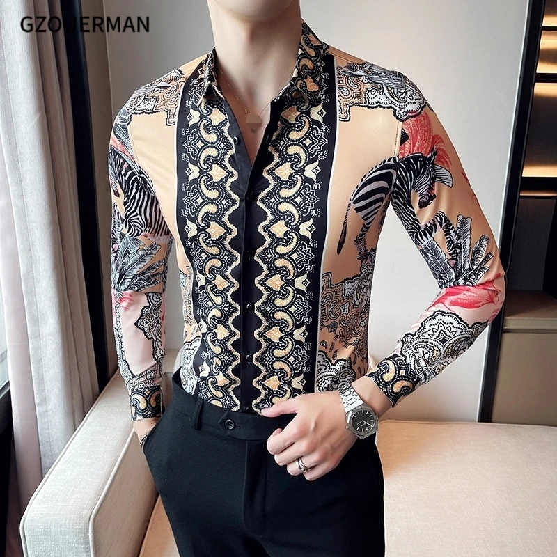 2022 Men Gentleman Long Sleeve Lapel Zebra Leaf Printed Shirt New Fashion Button Formal Royal Court Hot Sale Casual Shirt