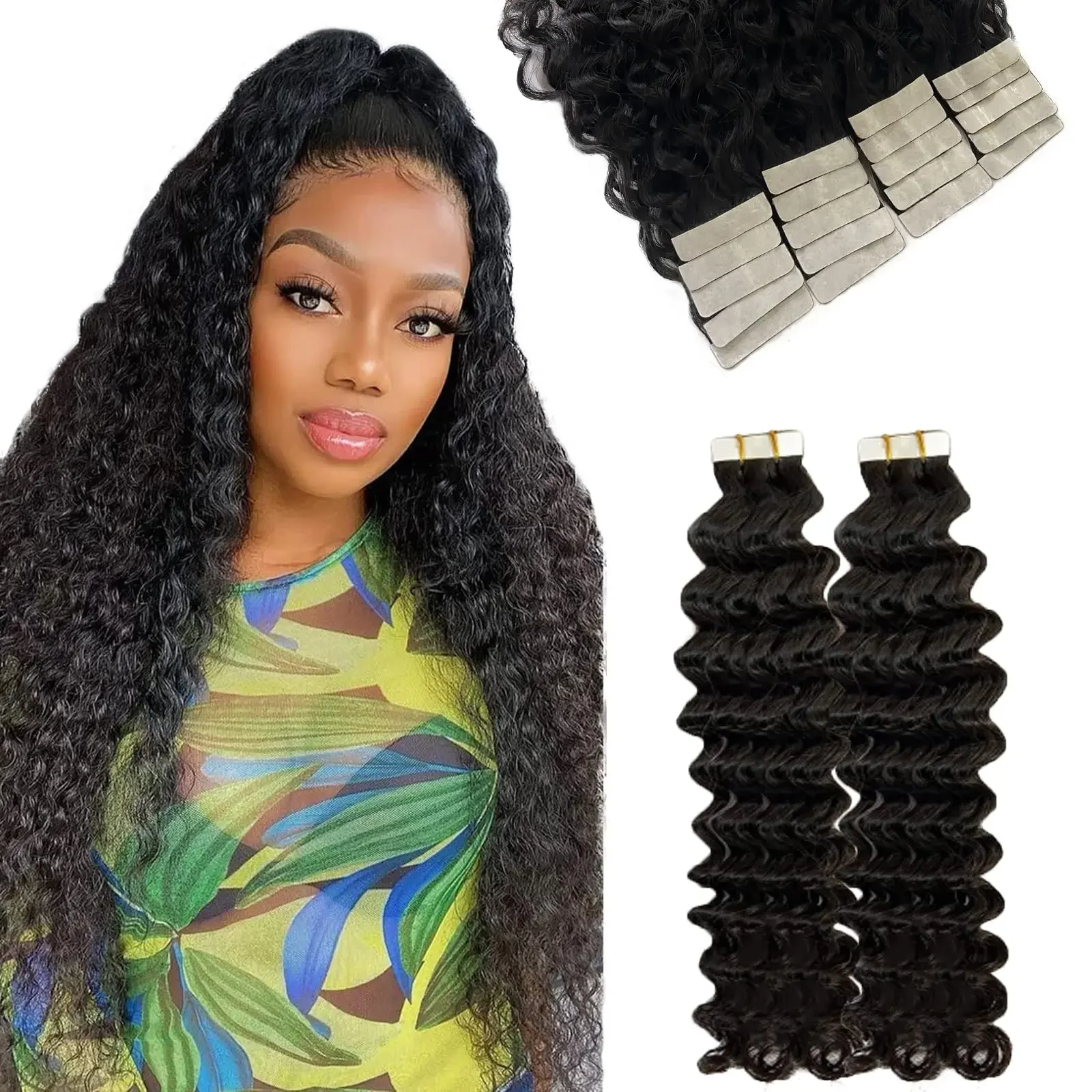 Deep Wave Tape In Human Hair Extensions Remy Hair Natural Color Skin Weft Tape In Extension_voghion.com