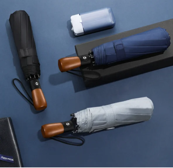 2023 New Arrival Full Automatic Strong Windproof Wooden Handle Navy Blue Pocket Umbrella With 210 Twill Pongee Fabric