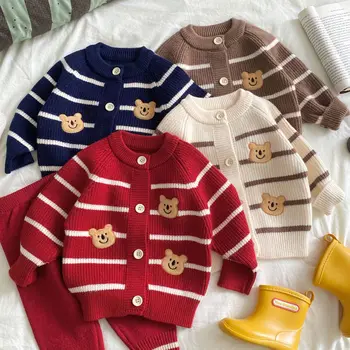 Korean Style Bear Embroidered Sweater Baby Suit Autumn and Winter New Versatile Two-Piece Set for Baby Boys Striped Cardigan