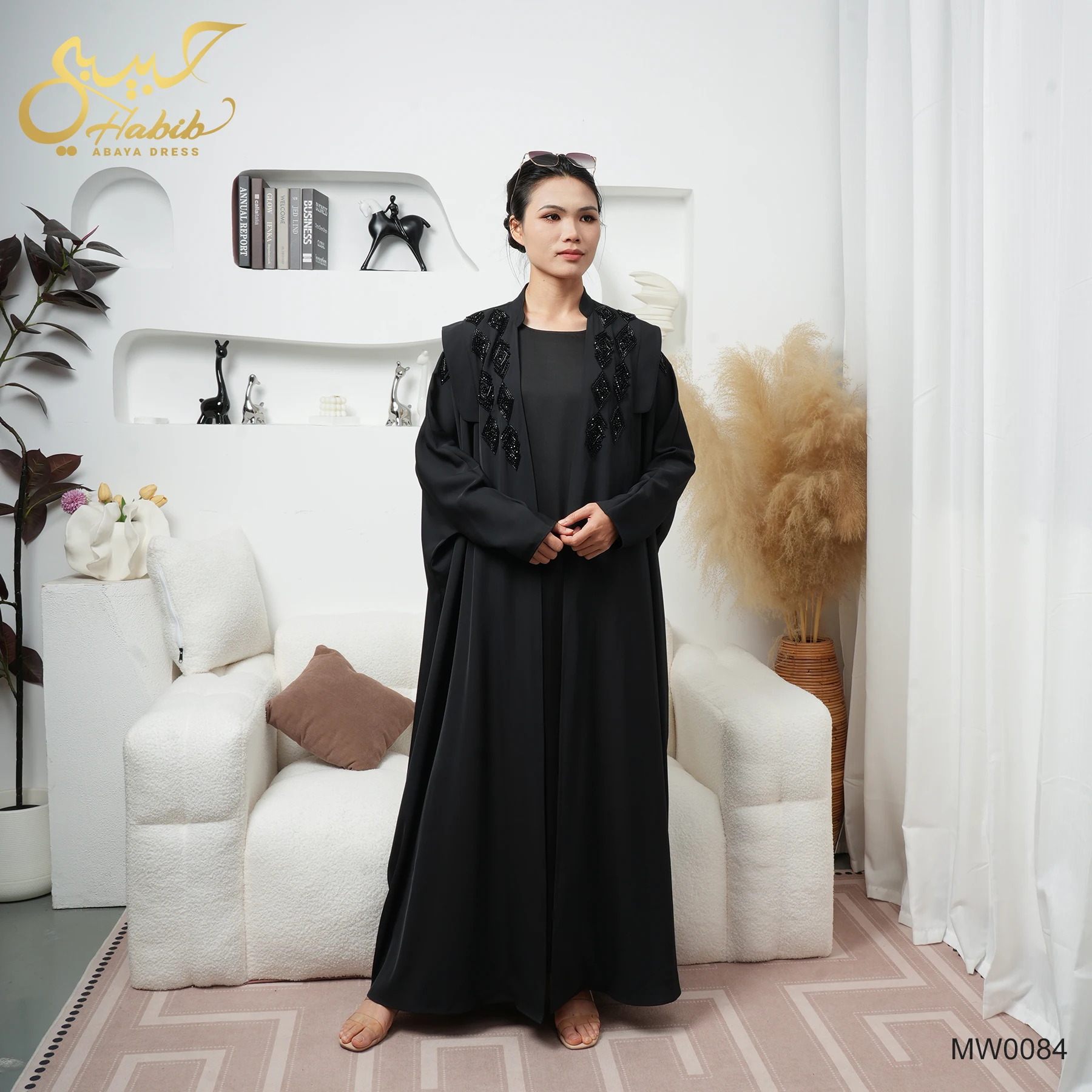 Classic Elegant Modest Luxurious Black Gulf Abaya Dubai Custom Beaded Front  Open Abaya