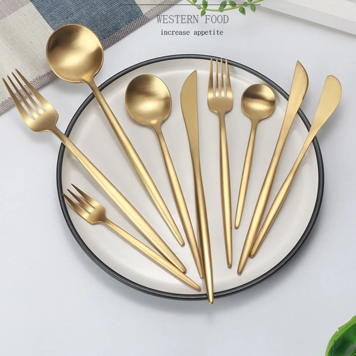 Top Grade Flatware 3 Piece Portuguese Style Brushed Gold Plated Flatware Set Steak Sandwich Dessert Stainless Steel Set Buy Stainless Steel Fork Spoon Knife Stainless Steel Flatware Kitchen Tableware Product On Alibaba Com