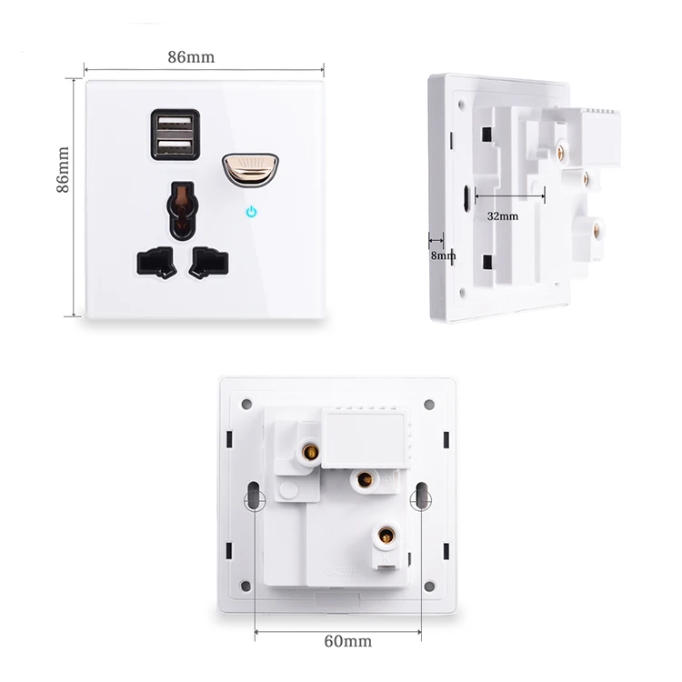 13a Universal Power Socket With Usb Wall Outlet With Led Black Glass Uk
