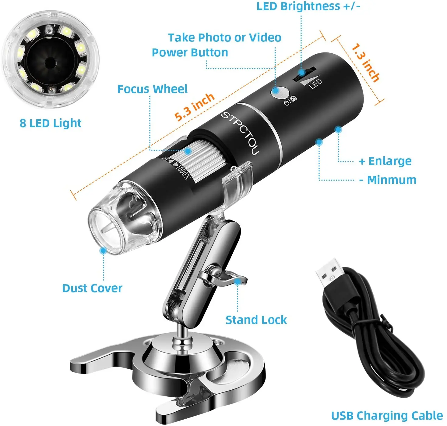 Fumei WiFi Digital Microscope 50X-1000X Magnification 2MP 1080P HD Camera 8 LED Lights Handheld or Desktop Observation Compatible with iPhone/iPad Android Windows/MacOS 