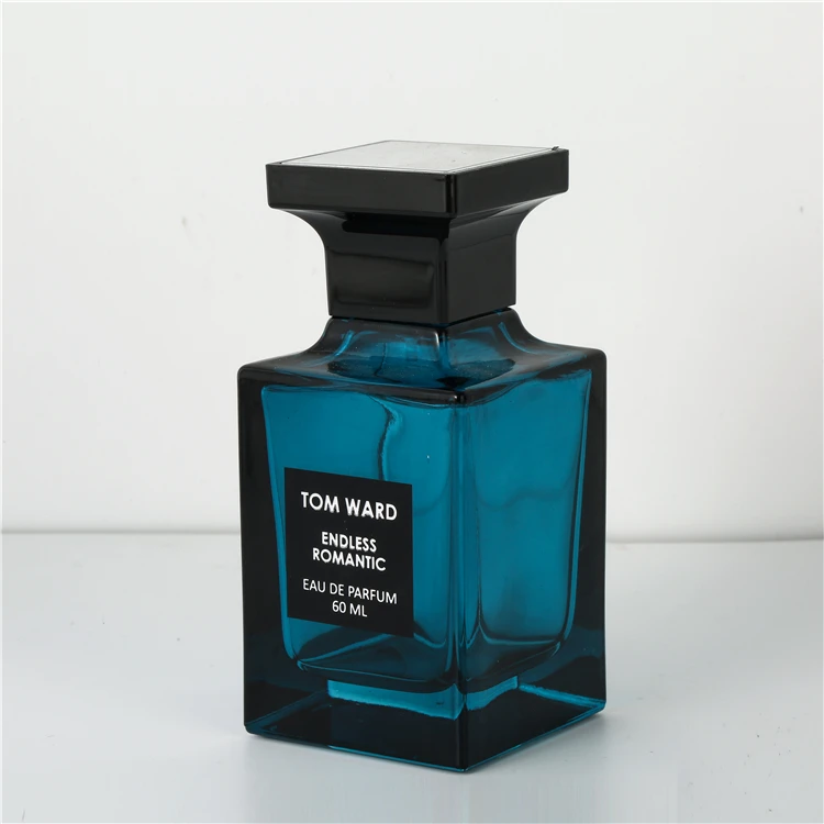 Wholesale luxury empty square glass spray bottle 60ml blue color mens perfume bottle