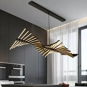 Nordic Modern Indoor Decorative Acrylic Iron Strip LED Chandelier Creative Piano Fish Bone Design for Sitting Room or Office