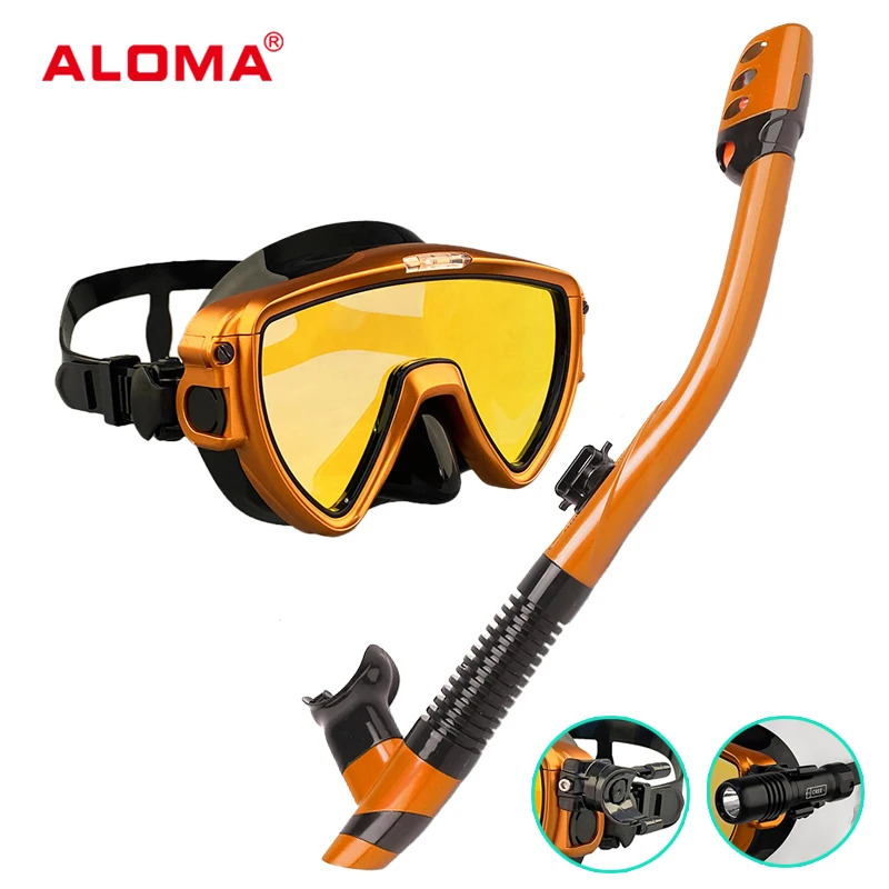Aloma coated Tempered Glass single lens scuba diving grar Goggles Dry Top snorkeling Mask and Snorkel Set for adults