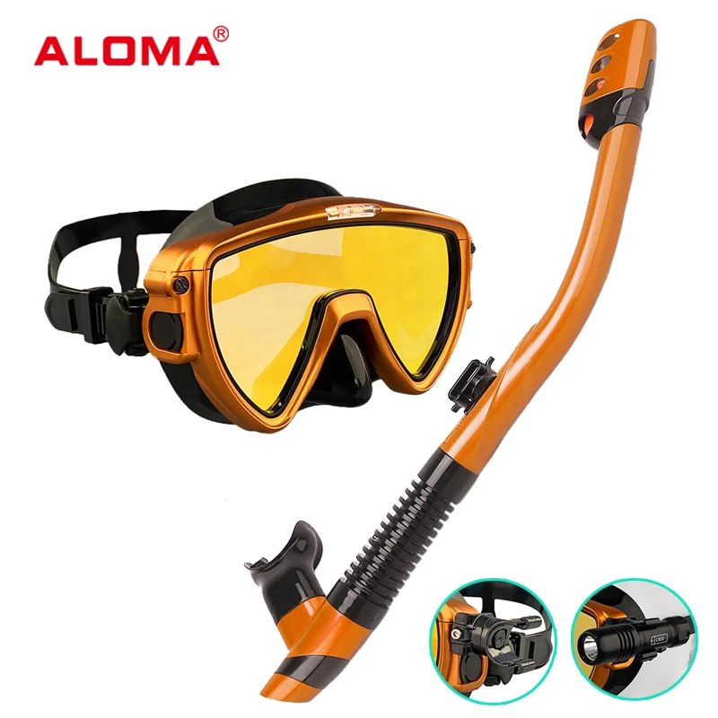 Aloma beschichtetes gehärtetes Glas Einzelobjektiv Taucherbrille Grar Brille Trocken Top Schnorchelmask und Schnorchel-Set für Erwachsene