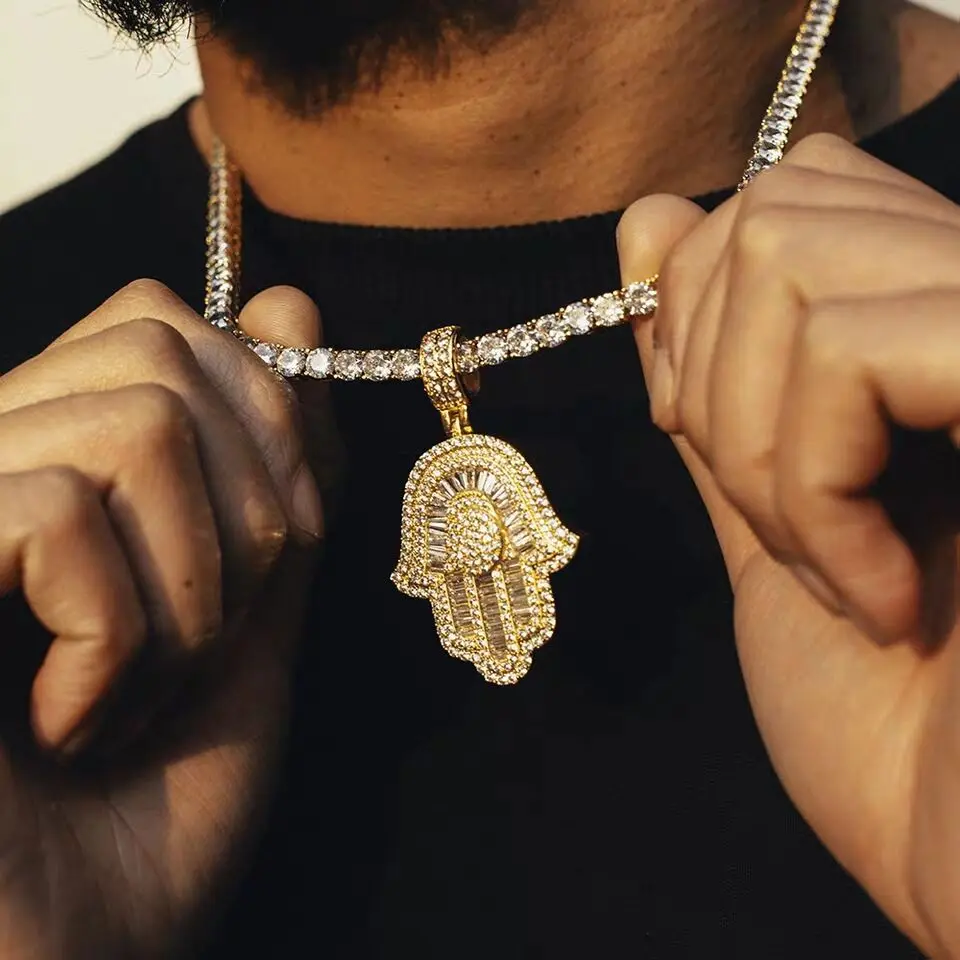 Details about  / Mens Hip Hop Hand of Fatima Rhinestone Pendant Chain Necklace