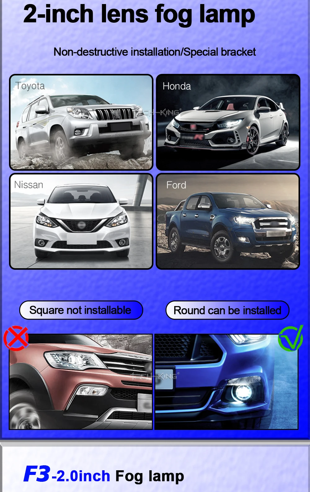 TECH-KING new 2.0-inch 12V 72W high-brightness focused automotive projection light T oyota Nissan LED dual-light lens fog lamps