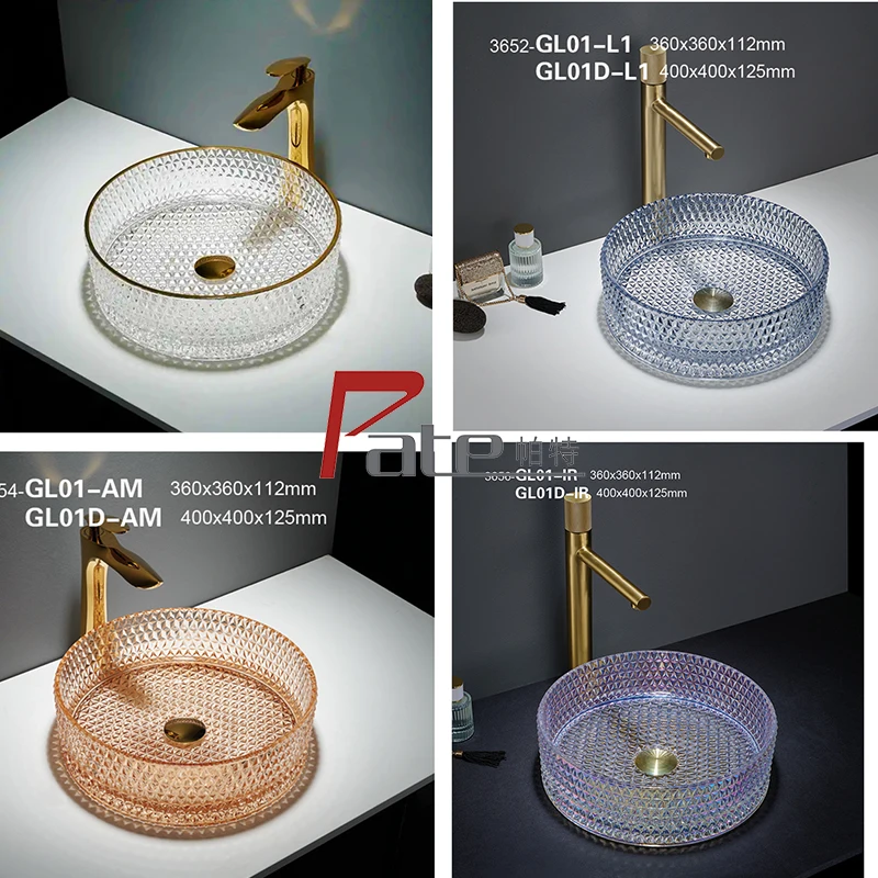 Modern Gold Line Crystal Wash Hand Basin Transparent Tempered Glass Bathroom Sink Counter Mount Installation Ceramic Stone