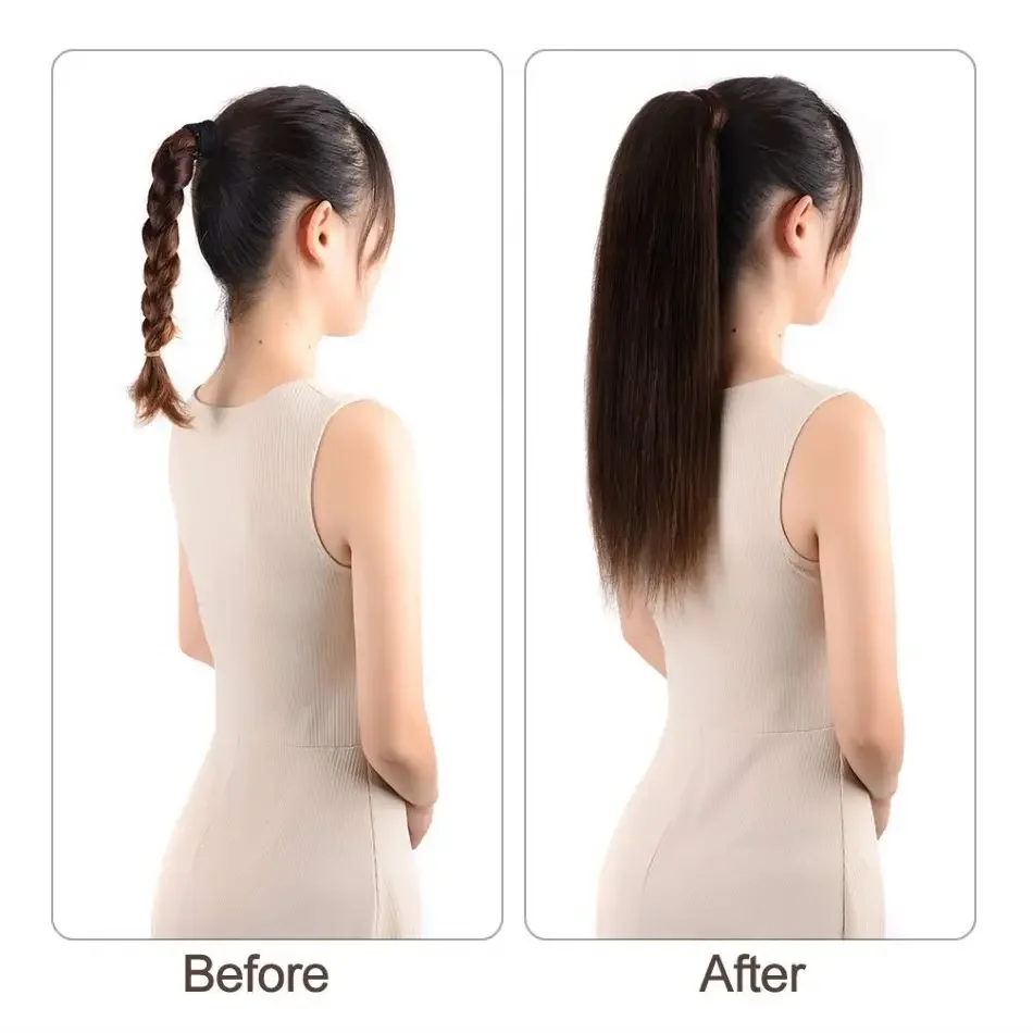 Coda di cavallo 100% capelli umani, europea, liscia, castano scuro, con clip, coda di cavallo, macchina per capelli Remy_voghion.com