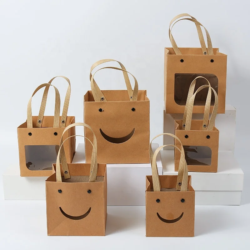 Eco-friendly factories custom logo portable kraft handle paper bags PVC flower packaging