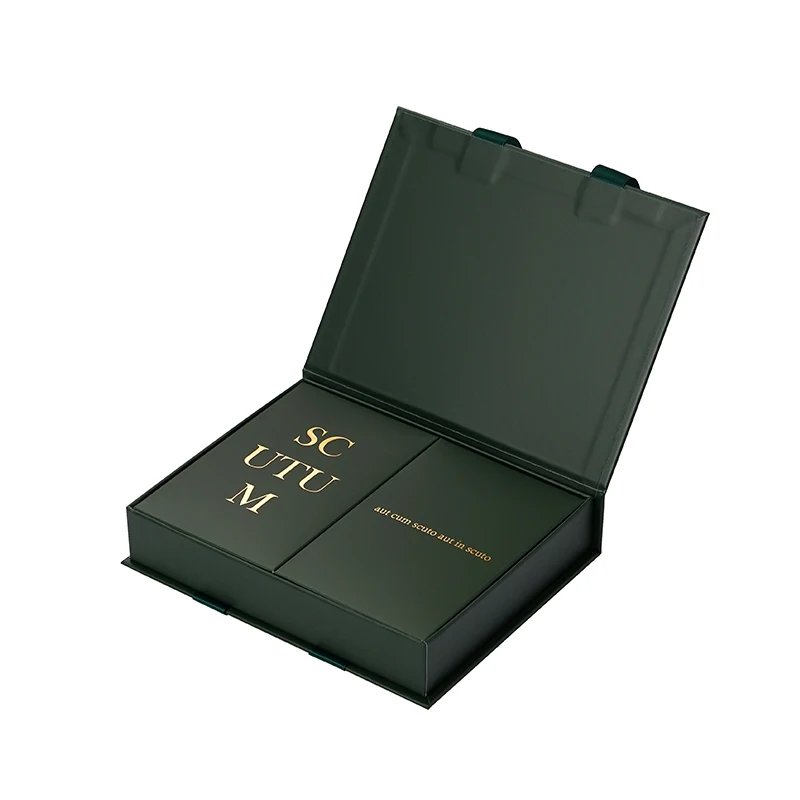 Luxury Matte Dark Green Magnetic Gift Box Silk Carry Handle Custom Gold Crest Logo Rigid Box for Jewelry Watch Gift Packaging