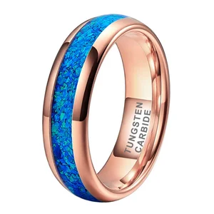 Coolstyle Jewelry 6mm Rose Gold Tungsten Carbide Ring for Men Women Engagement Wedding Band Blue Opal Inlay Polished Comfort Fit