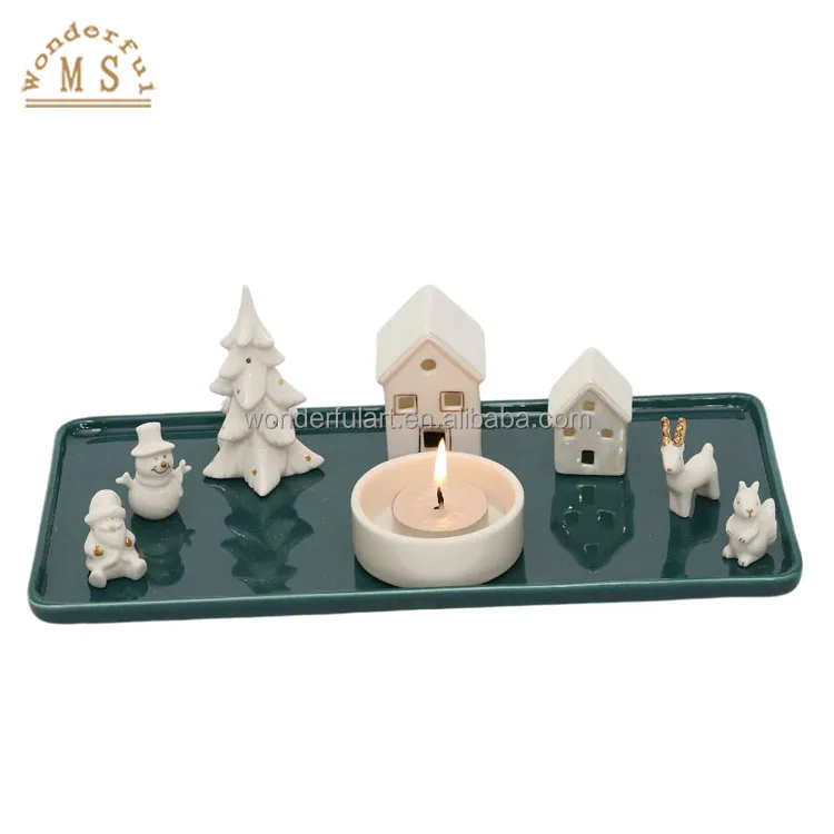 Ceramic Christmas Candle Holder Group with Farm House Tree bear plante and other firugine ornament for your seasoning holiday