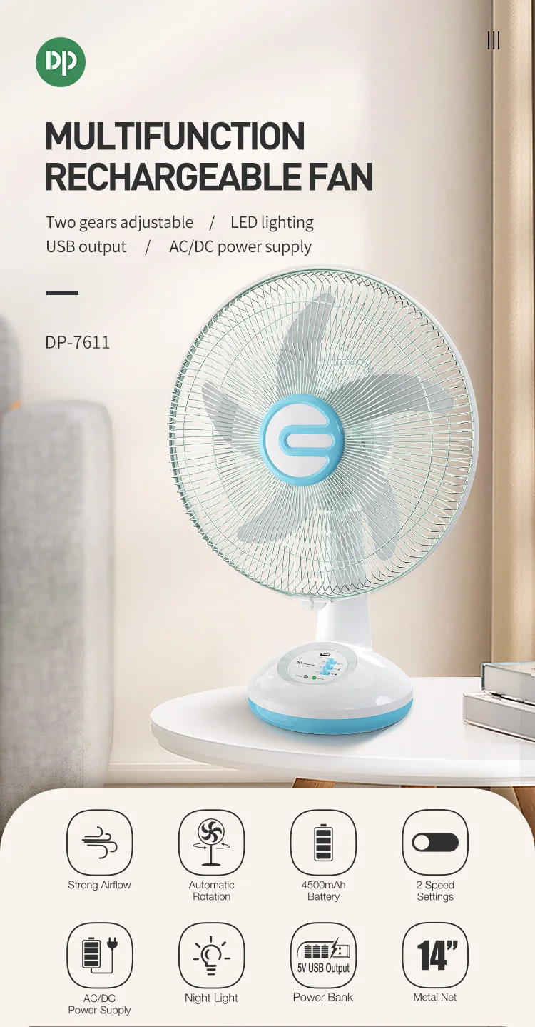 Dp 14inch Ac/dc Rechargeable Table Fan Desk Fan With Led Light - Buy ...