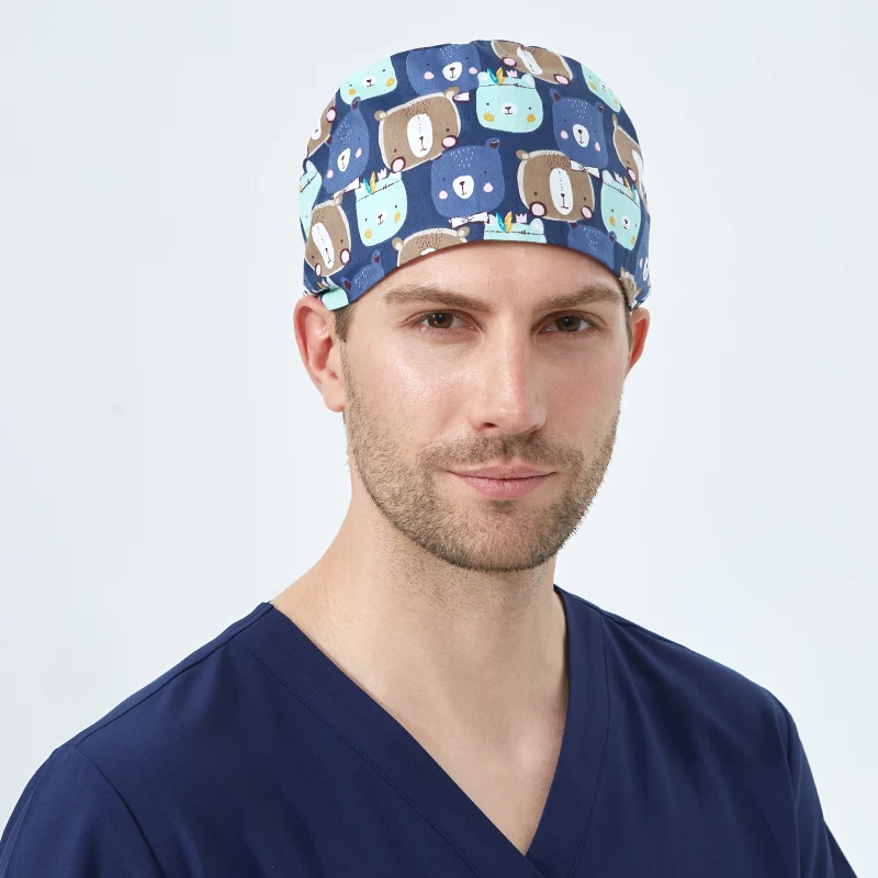 Bears Printed Medical Scrub Men Cap Cotton Doctors Nurses Hospital Skullcap  Healthcare Surgical Dentist Professional Pattern Hat