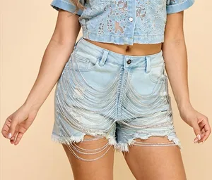 Women's Summer Vintage Casual Mid Waist Heavy-Duty Chain Denim Shorts Quick Dry & Breathable