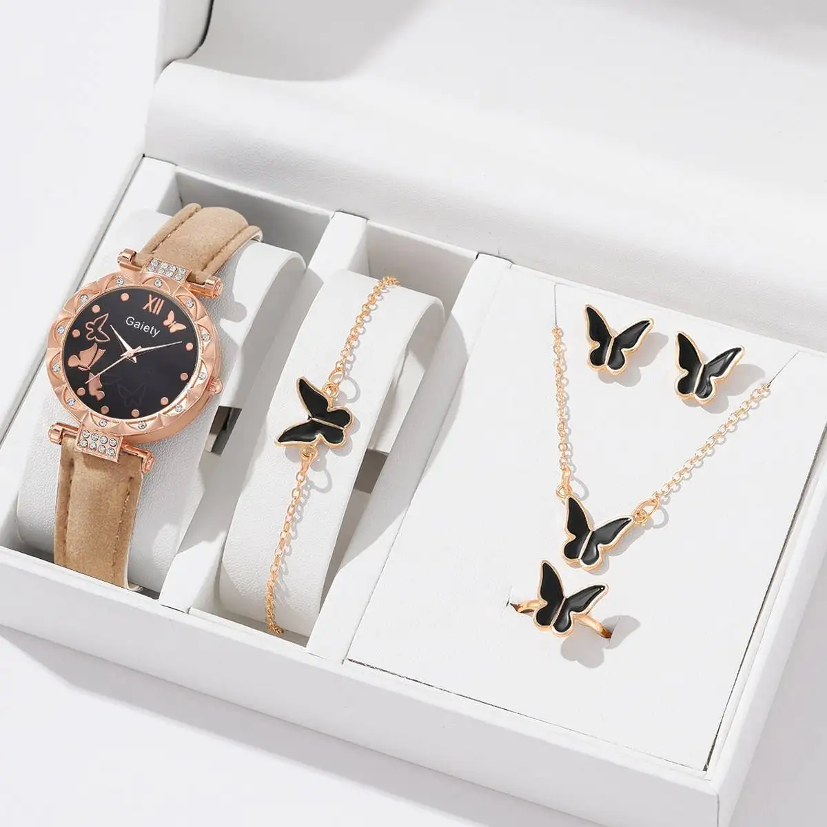 6pcs Luxury Watch Women Ring Necklace Earrings Bracelet Set Watches ...