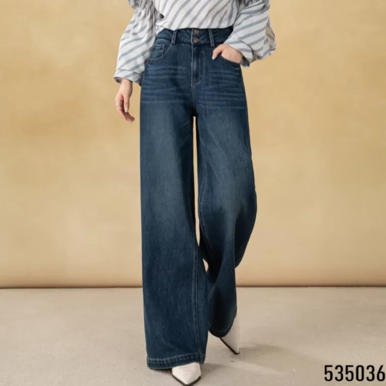 Women's High Waist Wide Leg Flare Pants with Long Sleeves Zipper Fly Closure Autumn Street Style Anti-Wrinkle Jeans