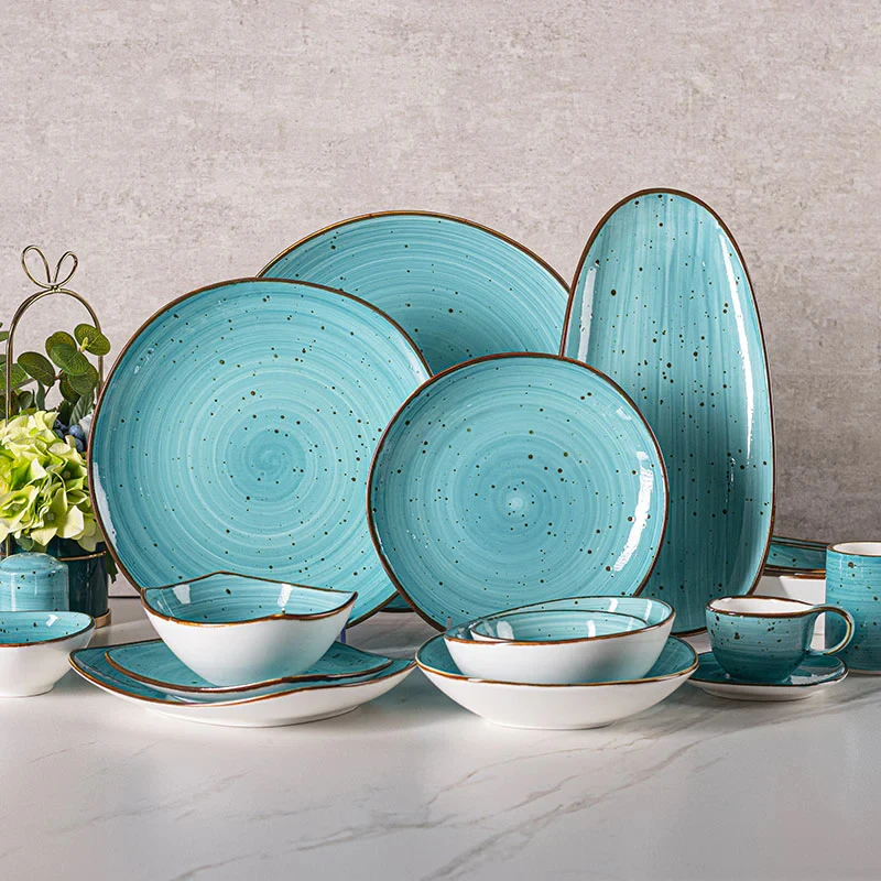 New Style 24pcs Tableware Porcelain Retro Color Reactive Glaze Crockery Restaurant Home Plates Set Dinnerware Ceramic Dinner Set