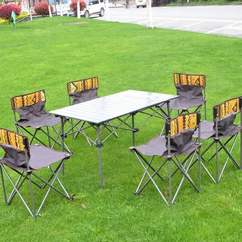 Portable 7-Piece Aluminum Outdoor Camping Furniture Set Metal Folding Table and Chair for Beach Fishing BBQ Leisure Recreation