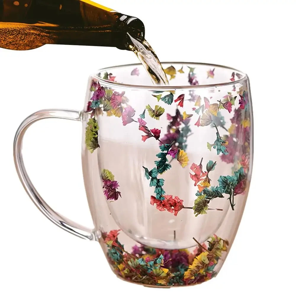 Double Wall Glass Cup With Dry Flowers Inside Borosilicate Glass Cups