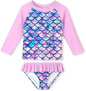 Fashion Kids Child Swimwear Animal Mermaid Unicorn Print Long Sleeve Baby Bikini Swimsuit Custom Front Toddler Little Girls