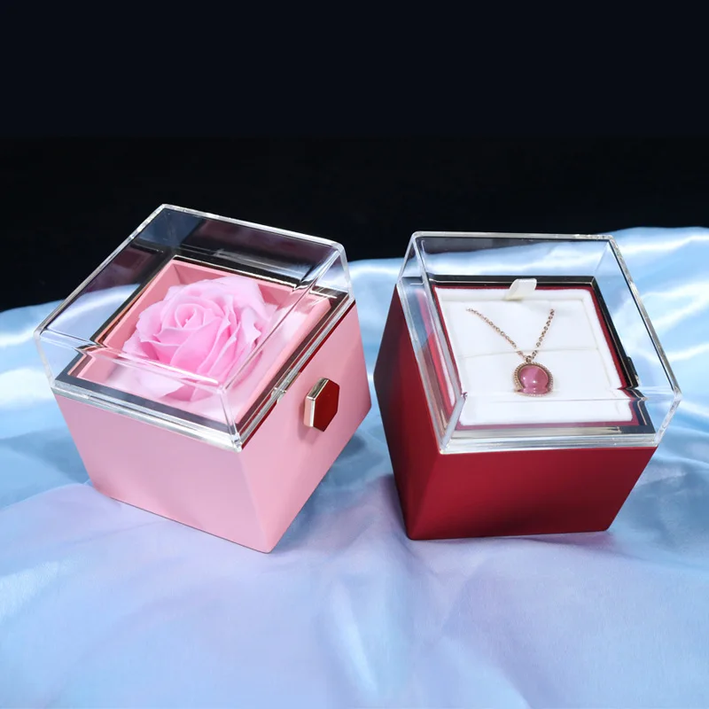Customized Eternal Rose Acrylic Jewelry Rotating Flower Gift Box Wedding Ring Box Necklace Storage Box