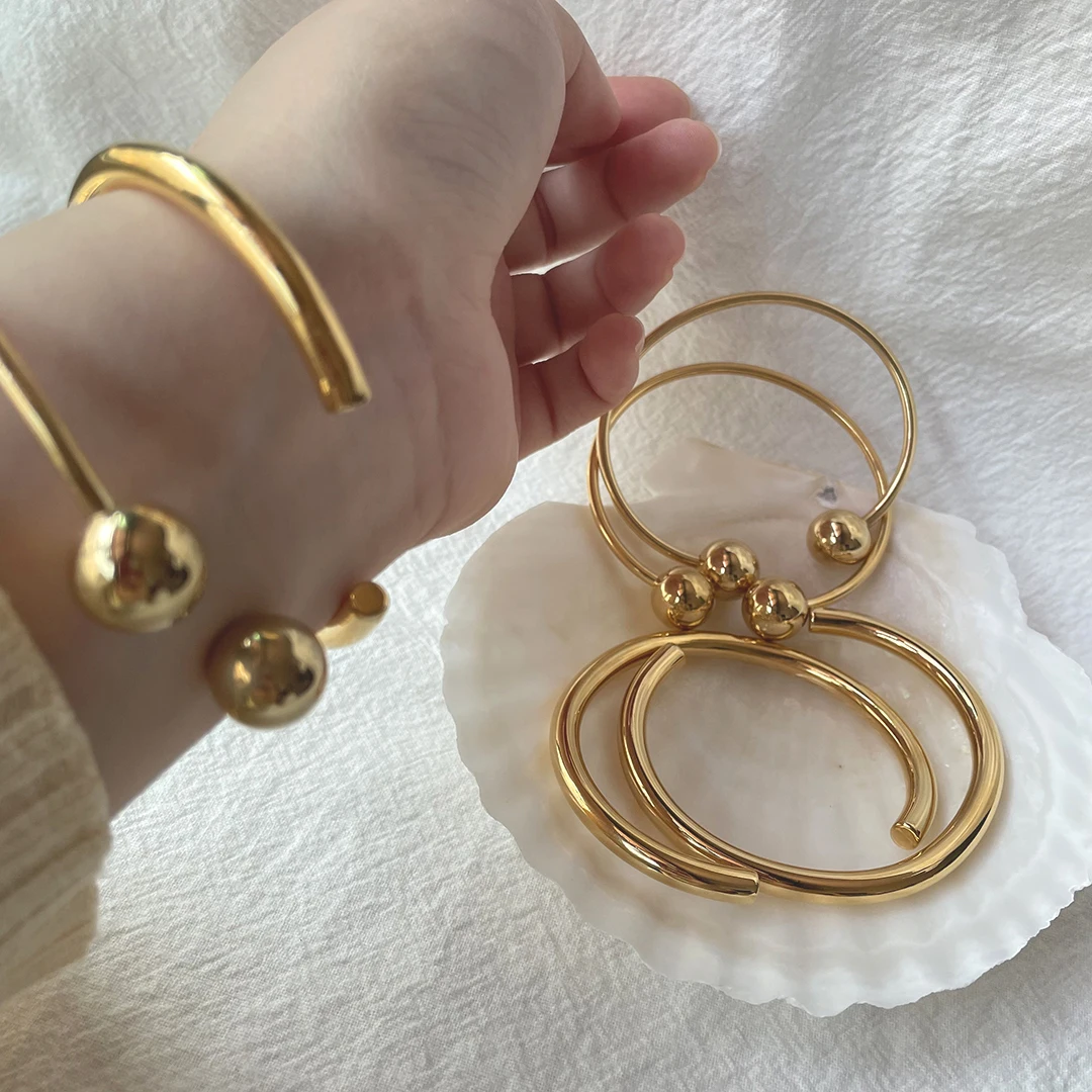 2 Designs Solid Double Ball Open Bangles Thick Circle Plain Bangles for Women 18K Gold Plated Stainless Steel Jewelry Adjustable
